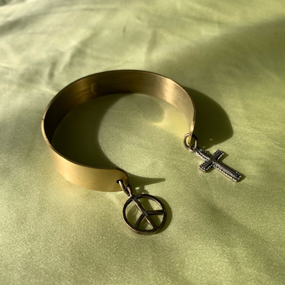 Cross and Peace Sign Cuff Bracelet